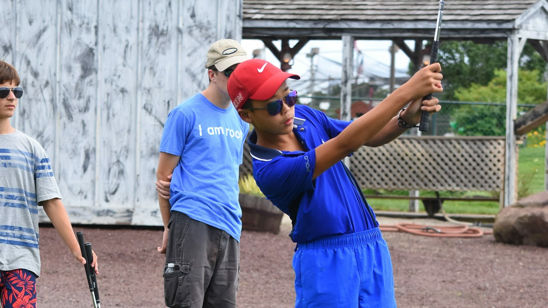Camper golfing on a trip